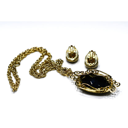 Whiting & Davis Victorian Black Gold Pendant Necklace Set, Clip Filigree Earrings, 1960s