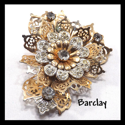 BARCLAY Fur Clip & Brooch, Gold Plated Filigree, Rhinestones, 1940s Vintage Jewelry
