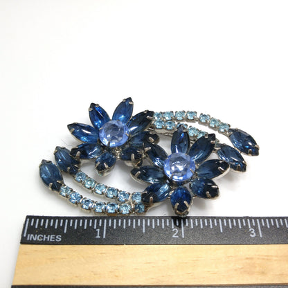 Blue Rhinestone Floral Brooch, Rhodium Plated, 1960s Vintage Jewelry