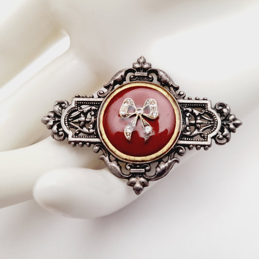 Vintage Catherine Popesco Art Deco Red Enamel Silver Plated Brooch