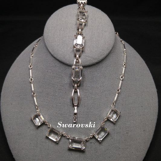 Vintage Swarovski Swan Logo Emerald Cut Crystal Necklace & Bracelet Set 1990s