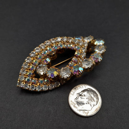 Mid-Century Aurora Borealis Pendant Brooch, Gold Plated, Prong Set Stones, 1960s Vintage Jewelry