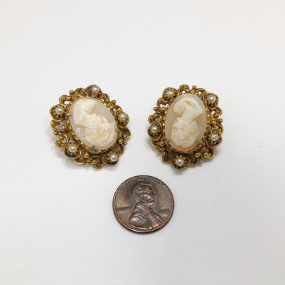 Florenza Cameo Clip Earrings, Hand-carved Shell, Gold Plated, 1950s Vintage Jewelry