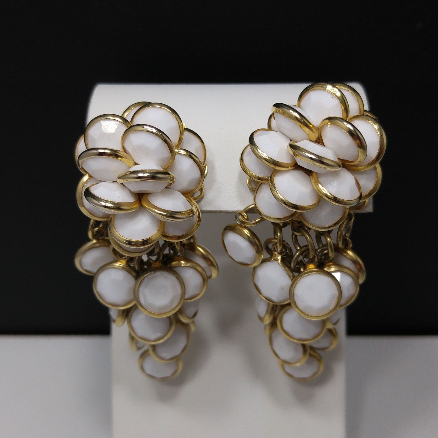 Vintage Sorrelli White Crystal Cluster Clip Earrings 1990s Gold Tone Signed