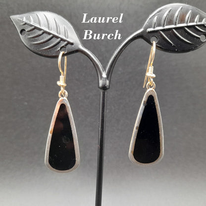 Vintage Laurel Burch Long Teardrop Black Enamel Earrings, Gold Plated 1980s