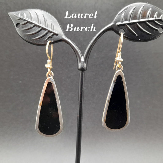 Vintage Laurel Burch Long Teardrop Black Enamel Earrings, Gold Plated 1980s
