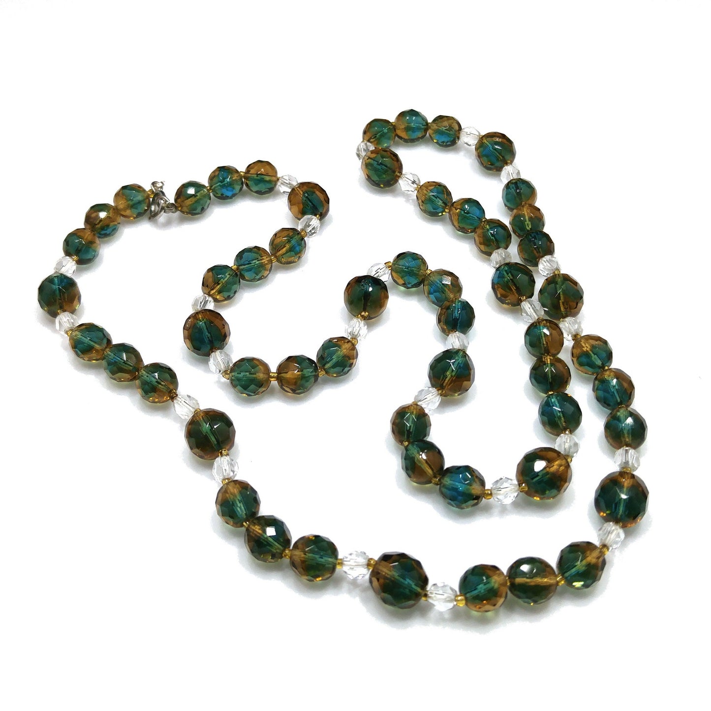 Vintage Czech Two Toned Glass Bead Long Necklace, Teal & Topaz Faceted Beads, 1970s Vintage Jewelry
