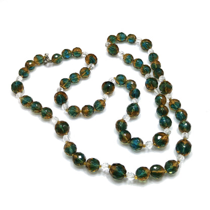 Vintage Czech Two Toned Glass Bead Long Necklace, Teal & Topaz Faceted Beads, 1970s Vintage Jewelry