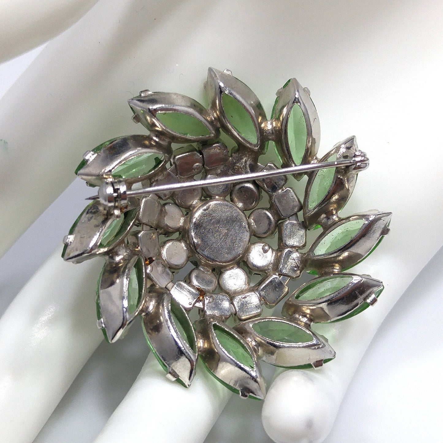 Vintage Peridot Green Rhinestone Domed Brooch, Aurora Borealis, 1960s