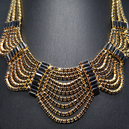 Black Rhinestone Festoon Necklace, Gold Plated, 1950s Vintage Jewelry