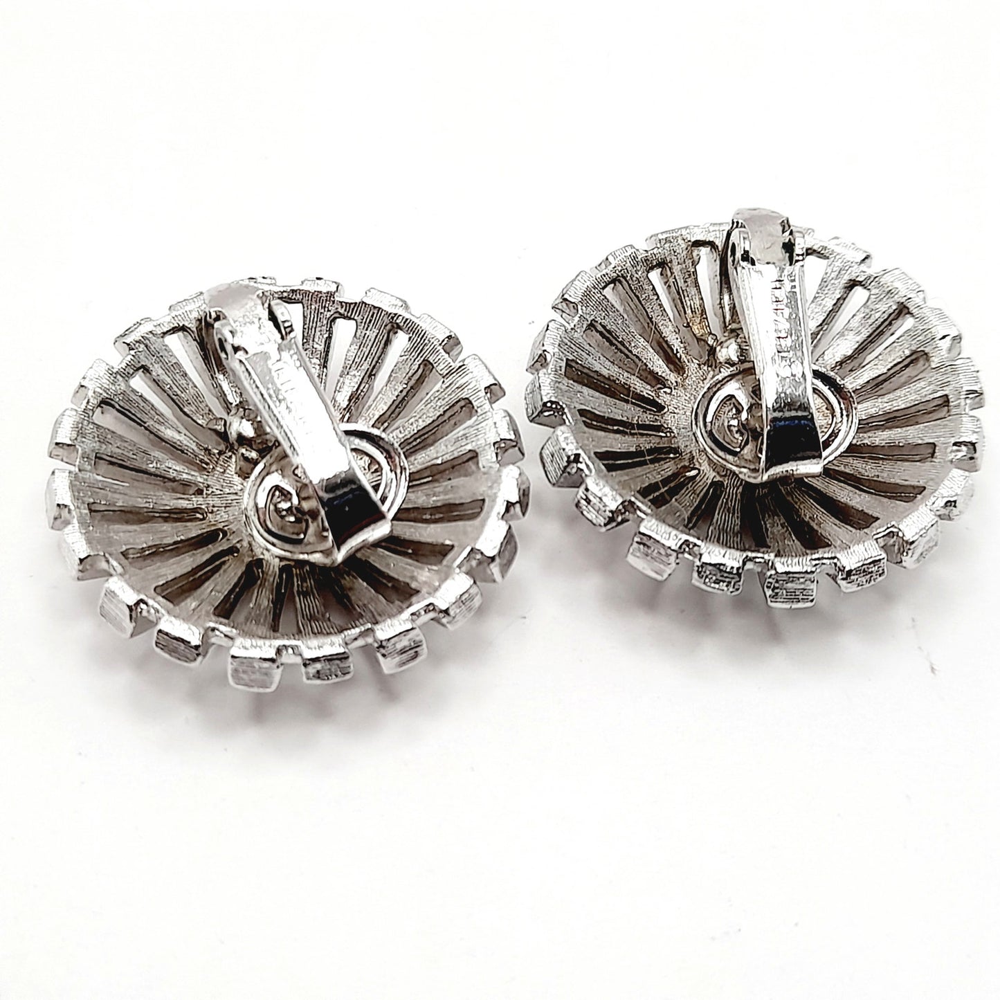 Vintage Crown Trifari Rhodium Plated Clip Earrings, Mid-Century Sunburst Jewelry