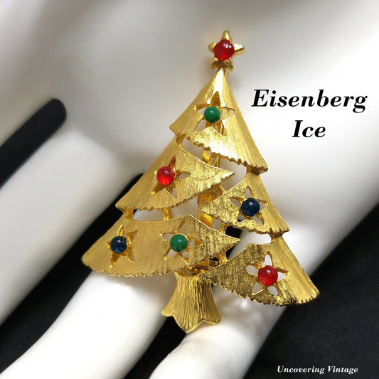 Vintage Eisenberg Ice Christmas Tree Brooch 1960s Gold Multicolor Beads Signed