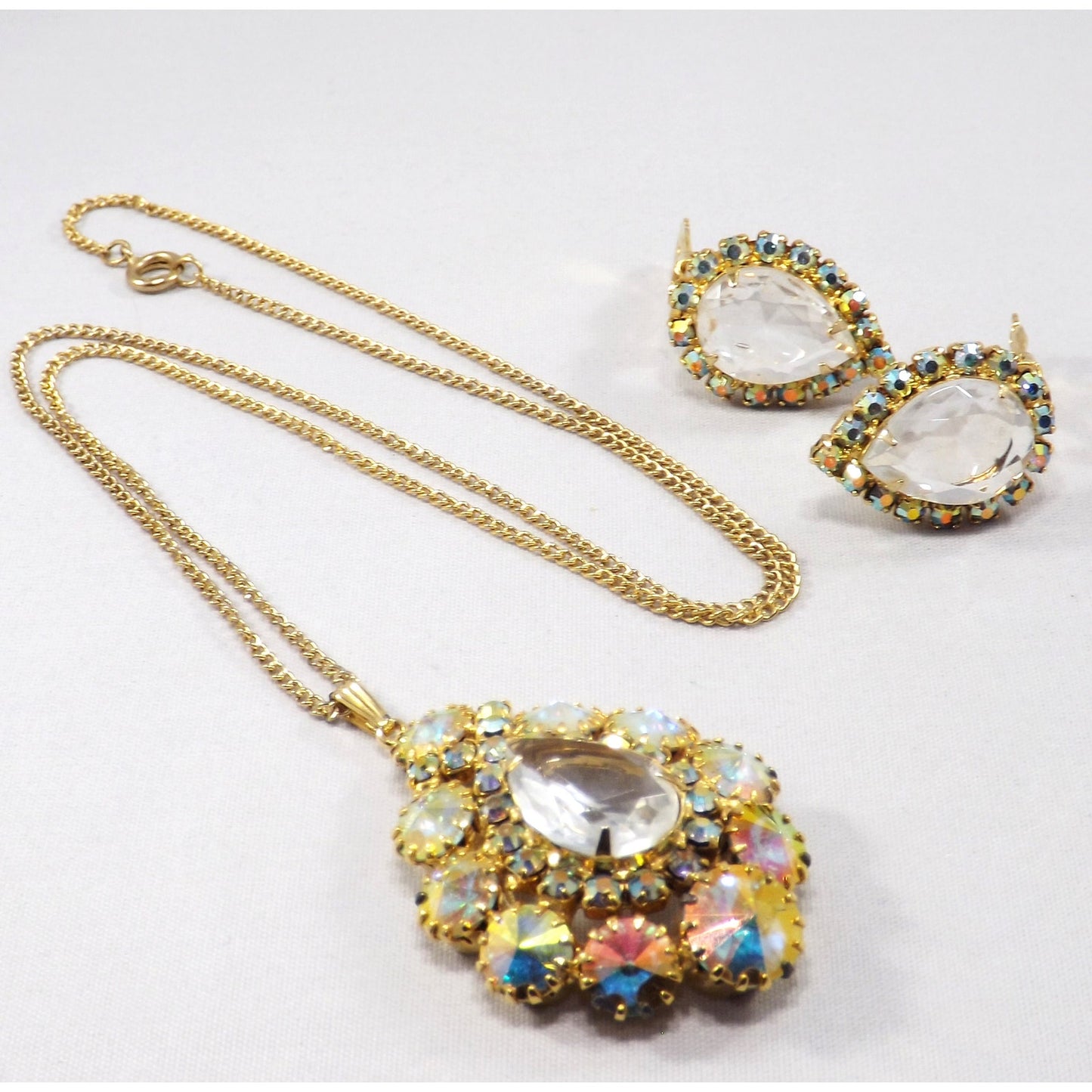 Vintage AB Pendant Necklace & Earrings, Rivoli Rhinestones, Gold Plated