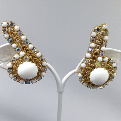 Hobe Milk Glass Clip Earrings, Gold Plated, Ear Climbers, 1960s Vintage Jewelry