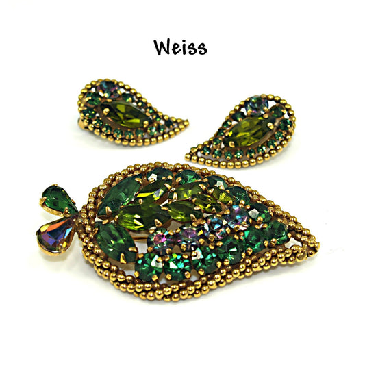 Vintage Weiss Green Brooch Earrings Set, Vitrail Green Rhinestone Leaves, Gold Plated