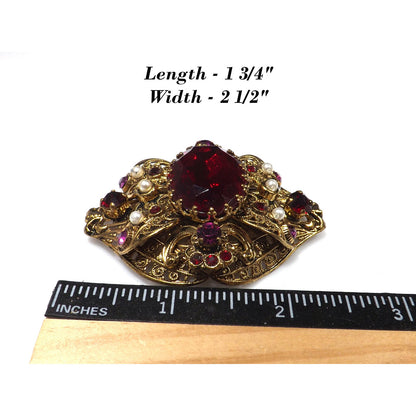 Made Germany Large Red Rhinestone Filigree Brooch, Faux Pearls, 1940s Vintage Jewelry