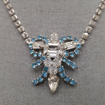 Mid-Century Turquoise Blue Clear Rhinestone Choker Necklace, Rhodium Plated, 1960s Vintage Jewelry