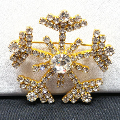 Eisenberg Ice Snowflake Brooch, Clear Rhinestones, Gold Plated, Vintage Jewelry