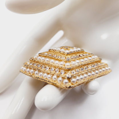 Vintage Rhinestone Faux Pearl Diamond Shaped Brooch Gold Tone Pin - 2 1/4 Inches