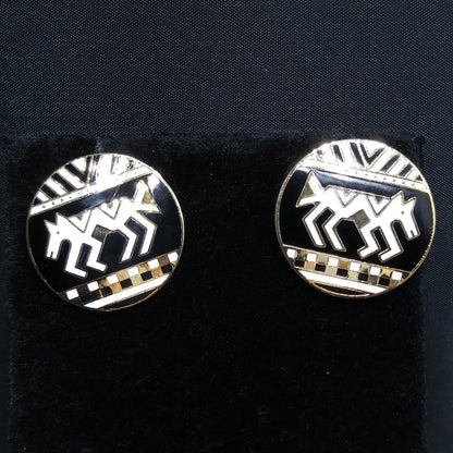 Laurel Burch "Coptic Horse" Earrings, Gold Plated, Black & White Enamel, 1980s