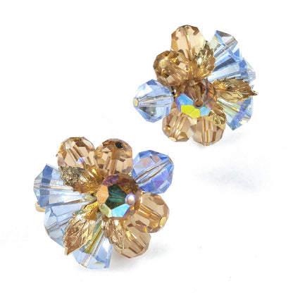 Vendome Blue & Gold Crystal Beaded Clip Earrings, Gold Plated, 1960s Vintage Jewelry