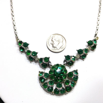 Bogoff Green Rhinestone Pendant Choker Necklace, Rhodium Plated, 1940s Vintage Jewelry