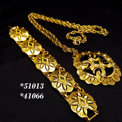 Gold Plated Necklace & Bracelet, Medallion Design, 1960s Vintage Jewelry