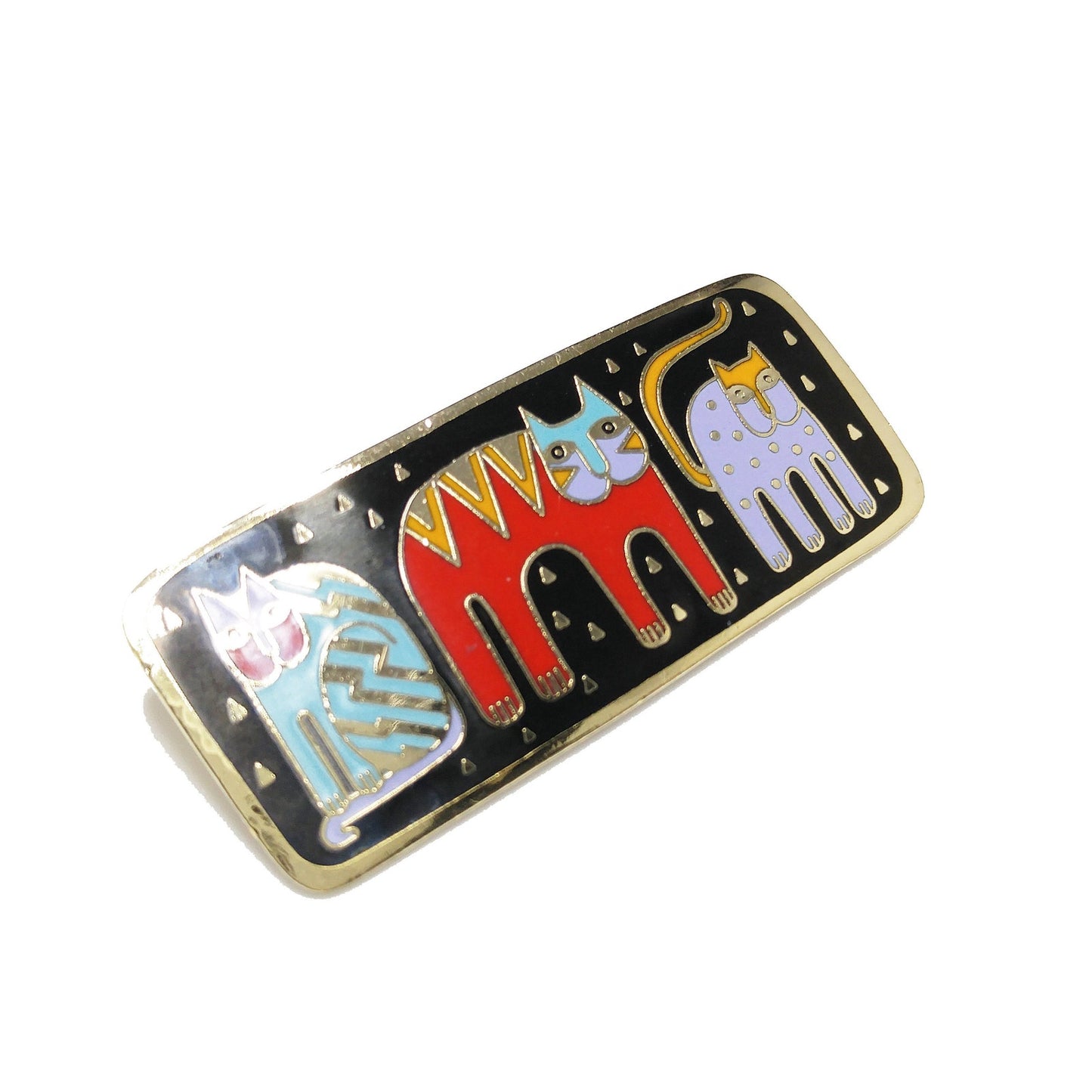 Laurel Burch "Fantastic Felines" Enamel Brooch, Gold Plated Cloisonne, 1980s