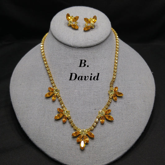 B. David Light Topaz Necklace & Earrings, Gold Plated, 1960s Vintage Jewelry