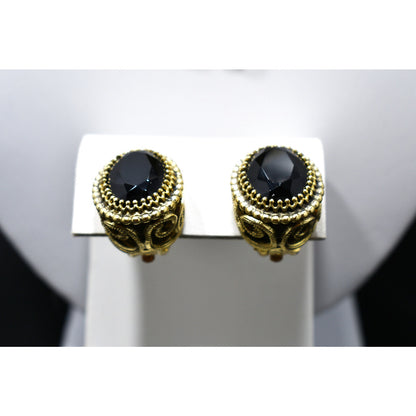Whiting & Davis Victorian Black Gold Pendant Necklace Set, Clip Filigree Earrings, 1960s