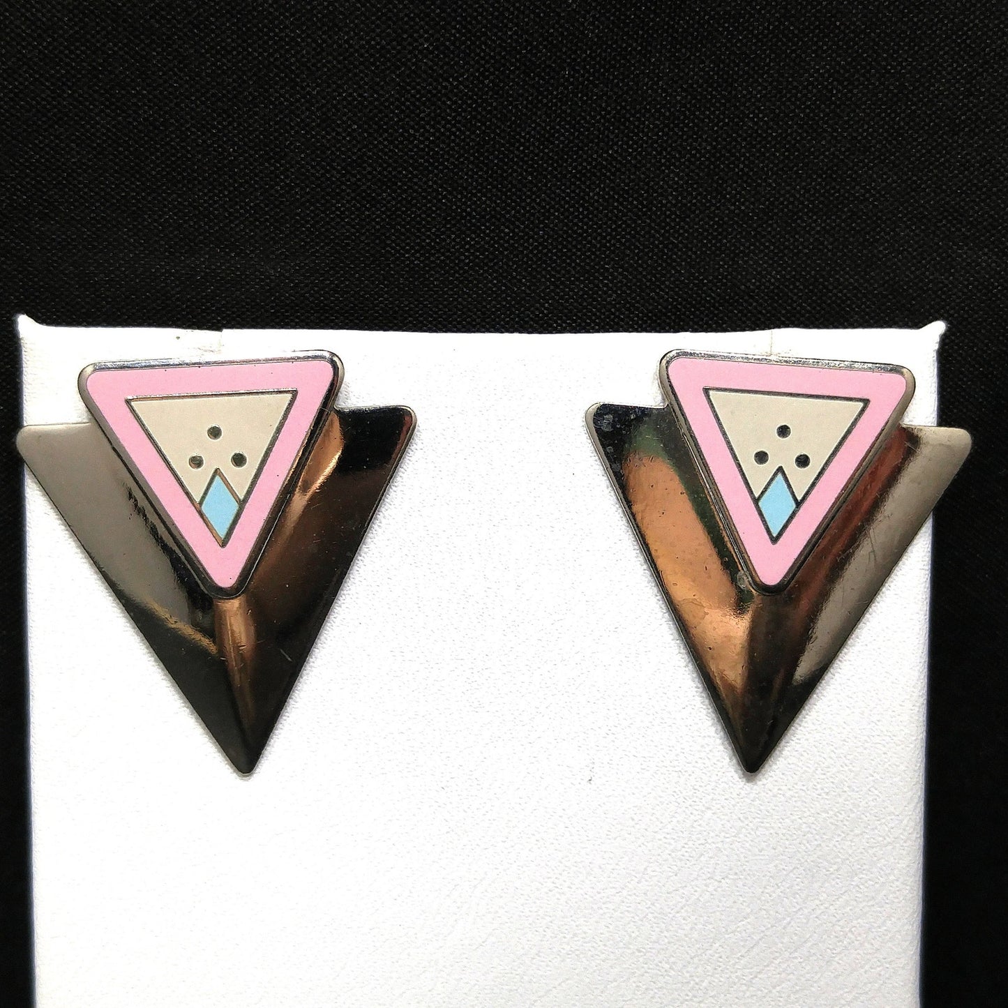 Vintage Laurel Burch "Anne" Triangle Post Earrings, Rhodium Plated, 1980s