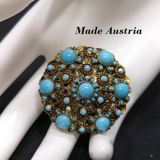 Austrian Filigree Turquoise Glass Brooch, Round Cabochons, 1950s Vintage Jewelry