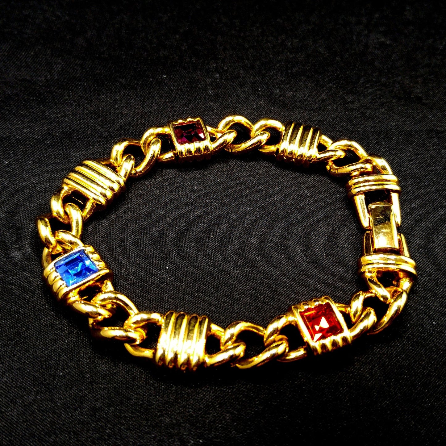 Vintage Swarovski Gold Plated Bracelet – Swan Logo, Red Blue Purple Crystals – 1980s