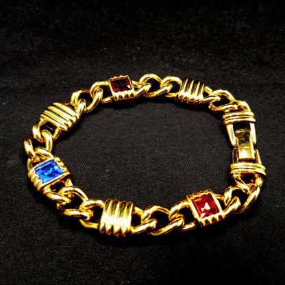 Vintage Swarovski Gold Plated Bracelet – Swan Logo, Red Blue Purple Crystals – 1980s