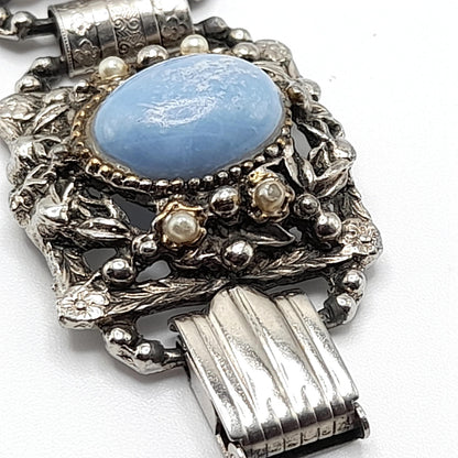 Vintage Blue Lucite Book Chain Bracelet, Faux Pearls, Silver Tone, 1950s, 7 3/4"