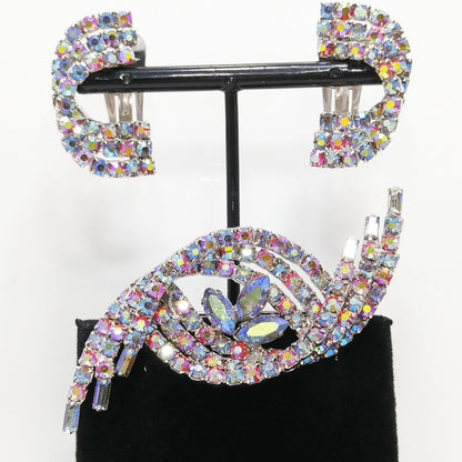 Swirl Aurora Borealis Rhinestone Brooch & Earrings, Rhodium Plated, 1960 Vintage
