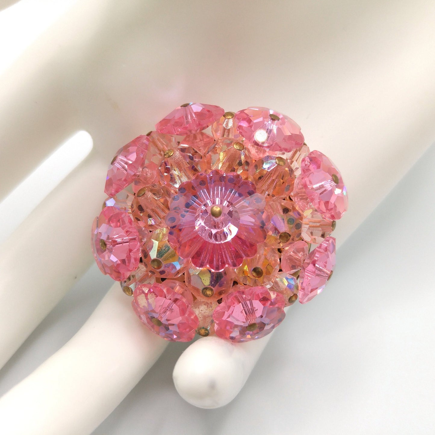 Pink Margarita Crystal Beaded Brooch, 1960s Vintage Jewelry