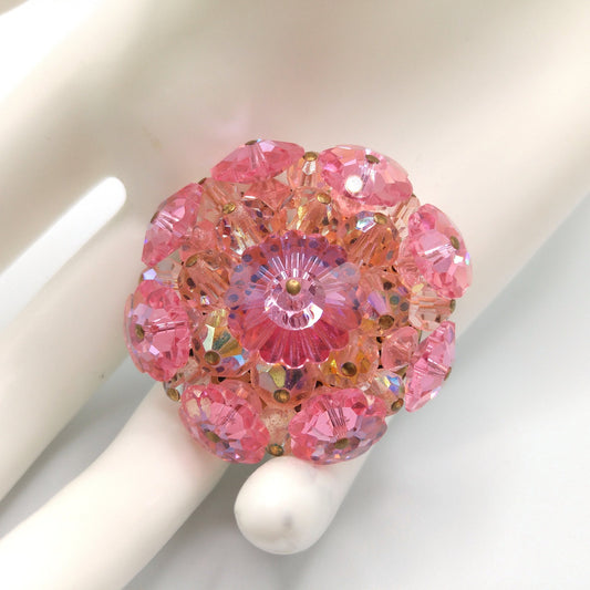Pink Margarita Crystal Beaded Brooch, 1960s Vintage Jewelry