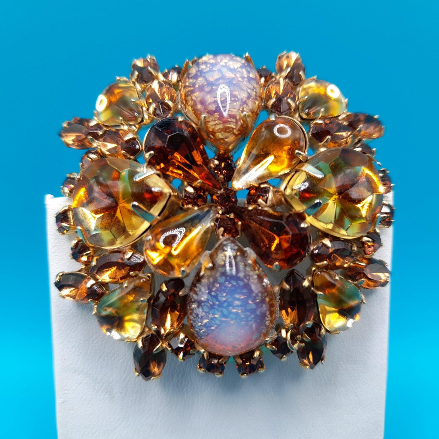 Vintage Weiss Brooch, Art Glass Cabochons, Gold Plated, 1960s Jewelry