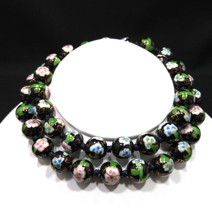 Vintage Black Cloisonné Floral Beaded Necklace, Pink Green Flowers, 1960s Vintage Jewelry