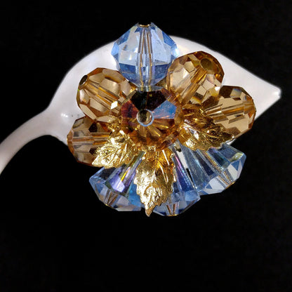 Vendome Blue & Gold Crystal Beaded Clip Earrings, Gold Plated, 1960s Vintage Jewelry