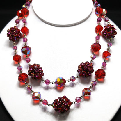Vendome Red Crystal Necklace, Rhinestone Clusters, Two Strands, 1950s Vintage