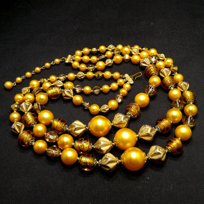 Vintage 1950s Gold Glass Bead Necklace, 3 Strand Mid-Century Statement Jewelry