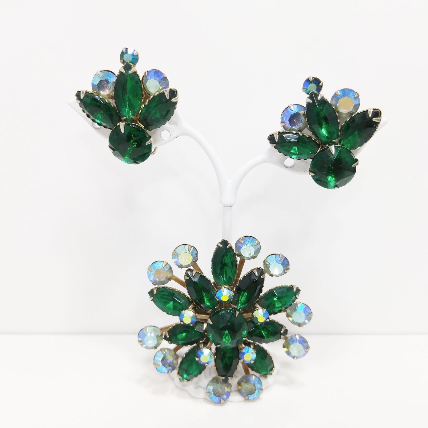 Mid-Century Green Rhinestone Flower Brooch & Earrings, Aurora Borealis, 1950s