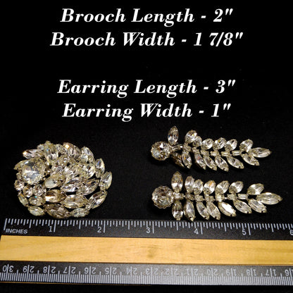 Vintage Weiss Clear Rhinestone Brooch Long Earrings Set, Wedding Bridal, 1960s