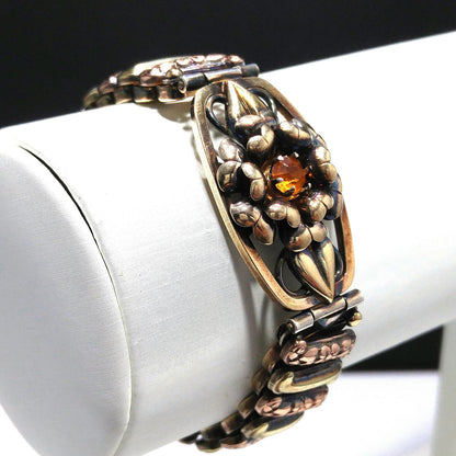 Antique Lustern Expansion Bracelet, 12KGF Sterling, Orange Rhinestone, 1920s Vintage Jewelry