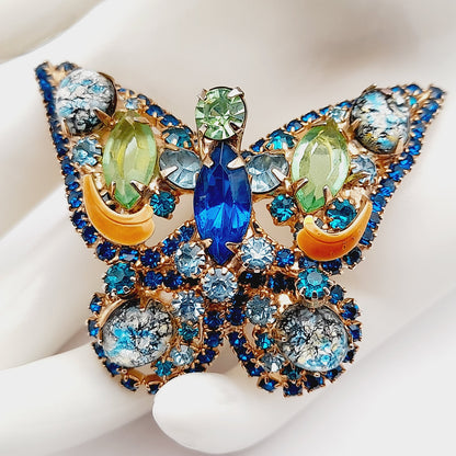 Vintage Butterfly Rhinestone Brooch – Sapphire Blue, Green & Art Glass Cabochon, Gold Tone Statement Jewelry