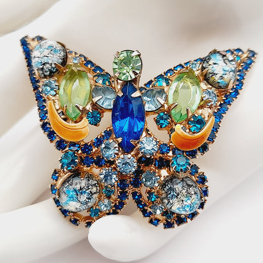 Vintage Butterfly Rhinestone Brooch – Sapphire Blue, Green & Art Glass Cabochon, Gold Tone Statement Jewelry
