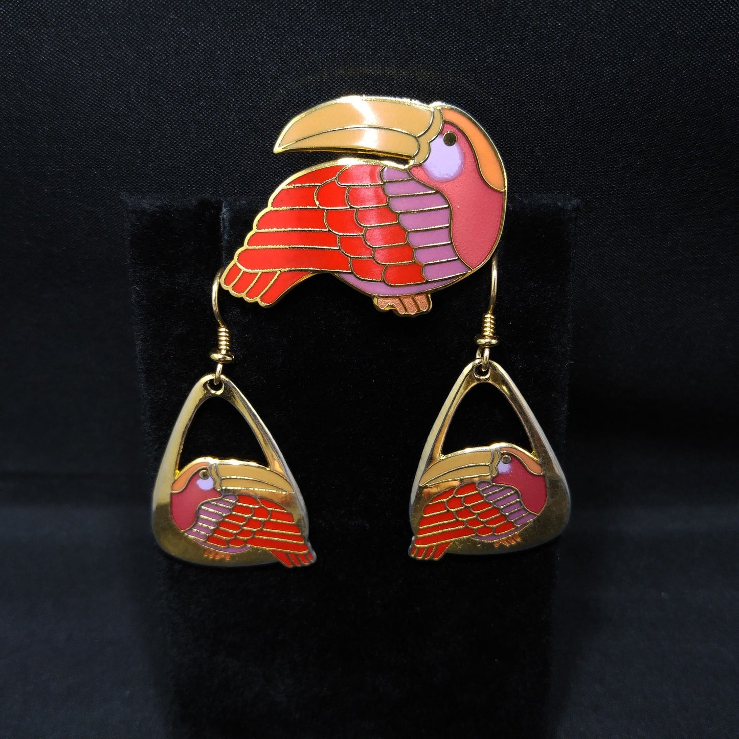 Vintage Laurel Burch Red Toucan Brooch Pendant & Earrings, Gold Plated, 1980s