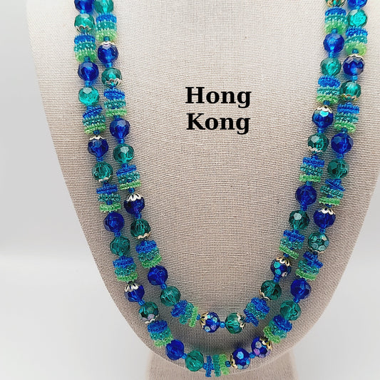 Vintage Hong Kong Early Plastic Two Strand Beaded Necklace, Green Blue Beads